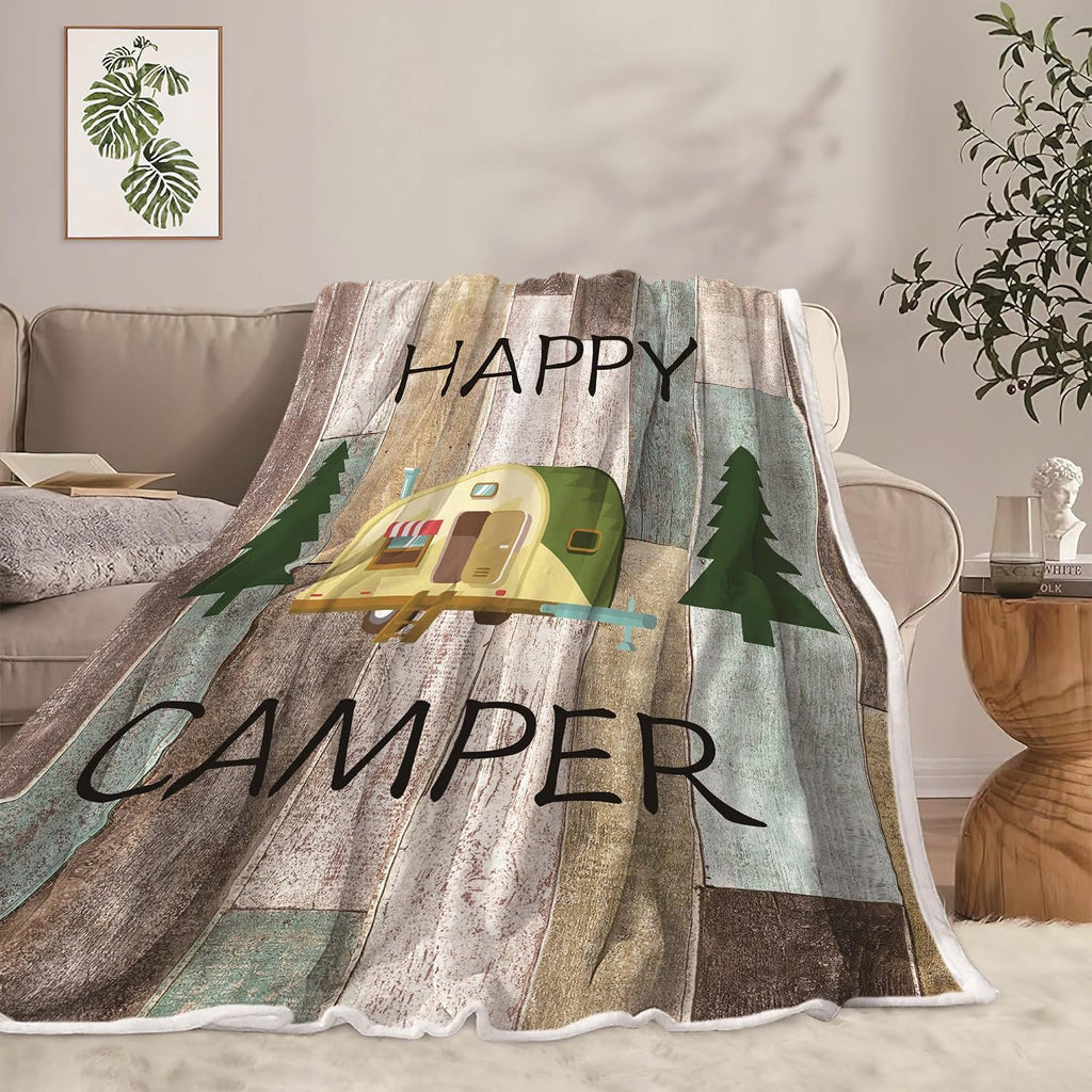 Camping Throw Blanket, Camping Gifts for Camper Outdoor Travel Trailer Blanket, Super Soft Comfy Fleece Flannel Throws Blankets for Couch Bed Sofa Living Room Bedroom Decor Grey 50x60 Inch