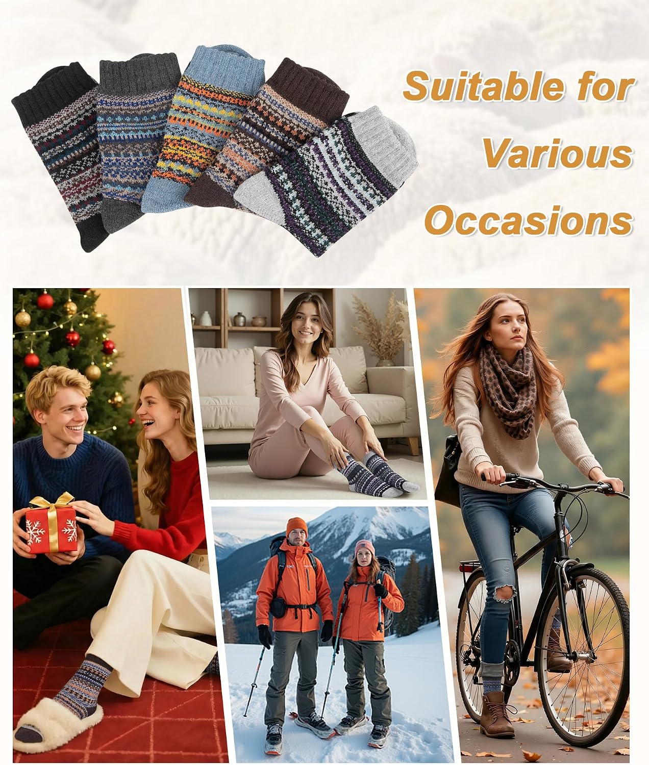 Senker Fashion Wool Socks for Women, 5 Pairs Winter Warm Crew Boot Socks