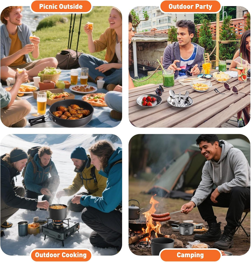 THTYBROS 27pcs Camping Cooking Set for 2-4 People, Portable Cookware Set with Kettle, Pots & Pans, Stainless Steel Utensils, Plates, Dishware for Backpacking, Picnic, Outdoor Adventures