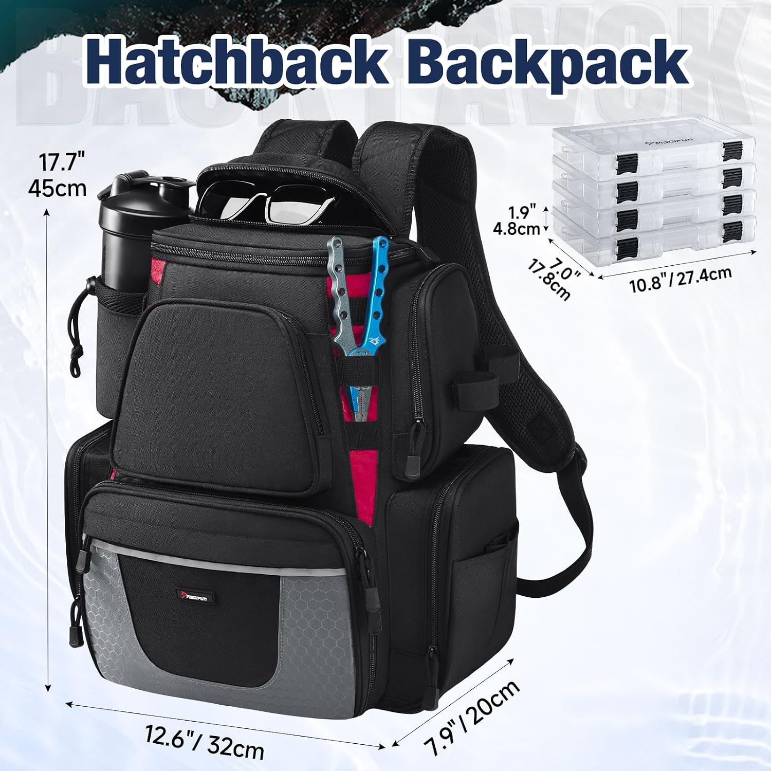 Piscifun Fishing Tackle Backpack with 2 Rod Holders, 4 Boxes & Rain Cover