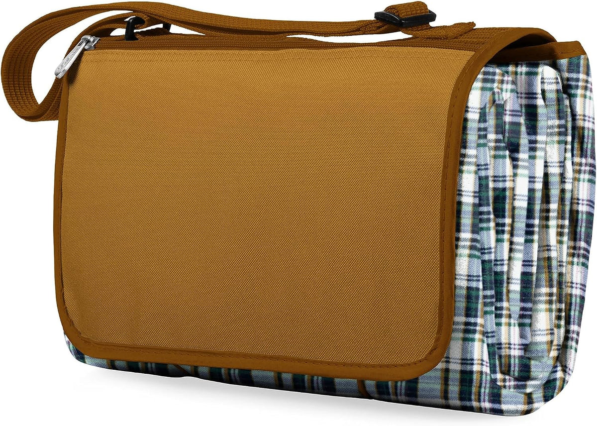 PICNIC TIME Outdoor Picnic Blanket Tote, 59"x51" Foldable Beach & Camping Blanket with Soft Fleece, Water-Resistant Bottom, Adjustable Strap & Zippered Pocket (English Plaid, Beige Flap)