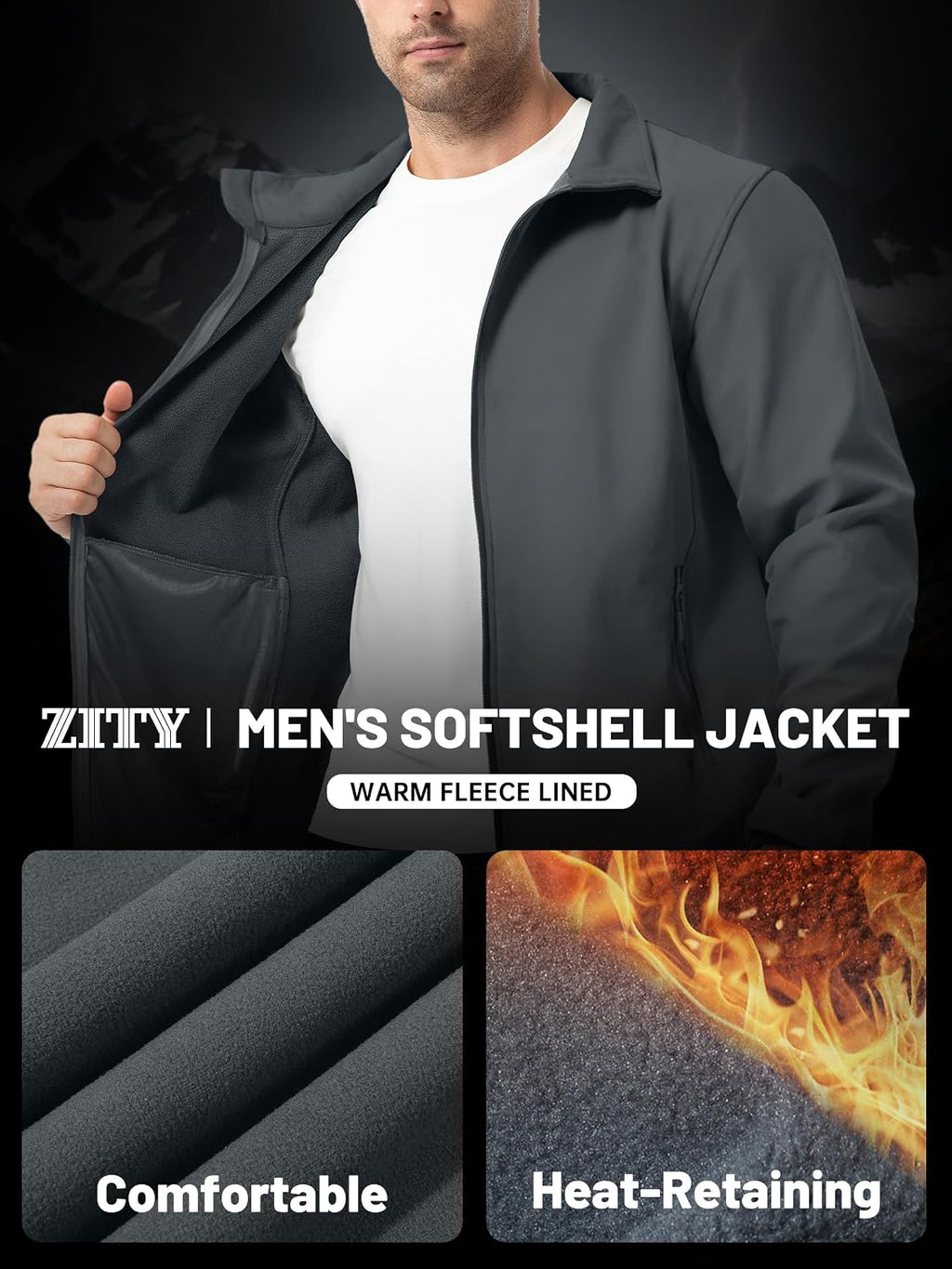 ZITY Men's Softshell Jacket Fleece Lined Lightweight Waterproof Rain Jacket Zip Up Soft Shell Windproof Windbreaker