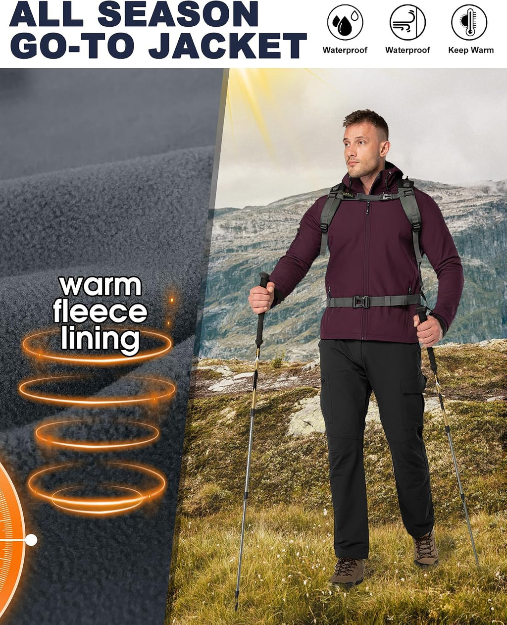 33,000ft Men's Hooded Fleece Lined Rain Shell Jacket Waterproof Lightweight