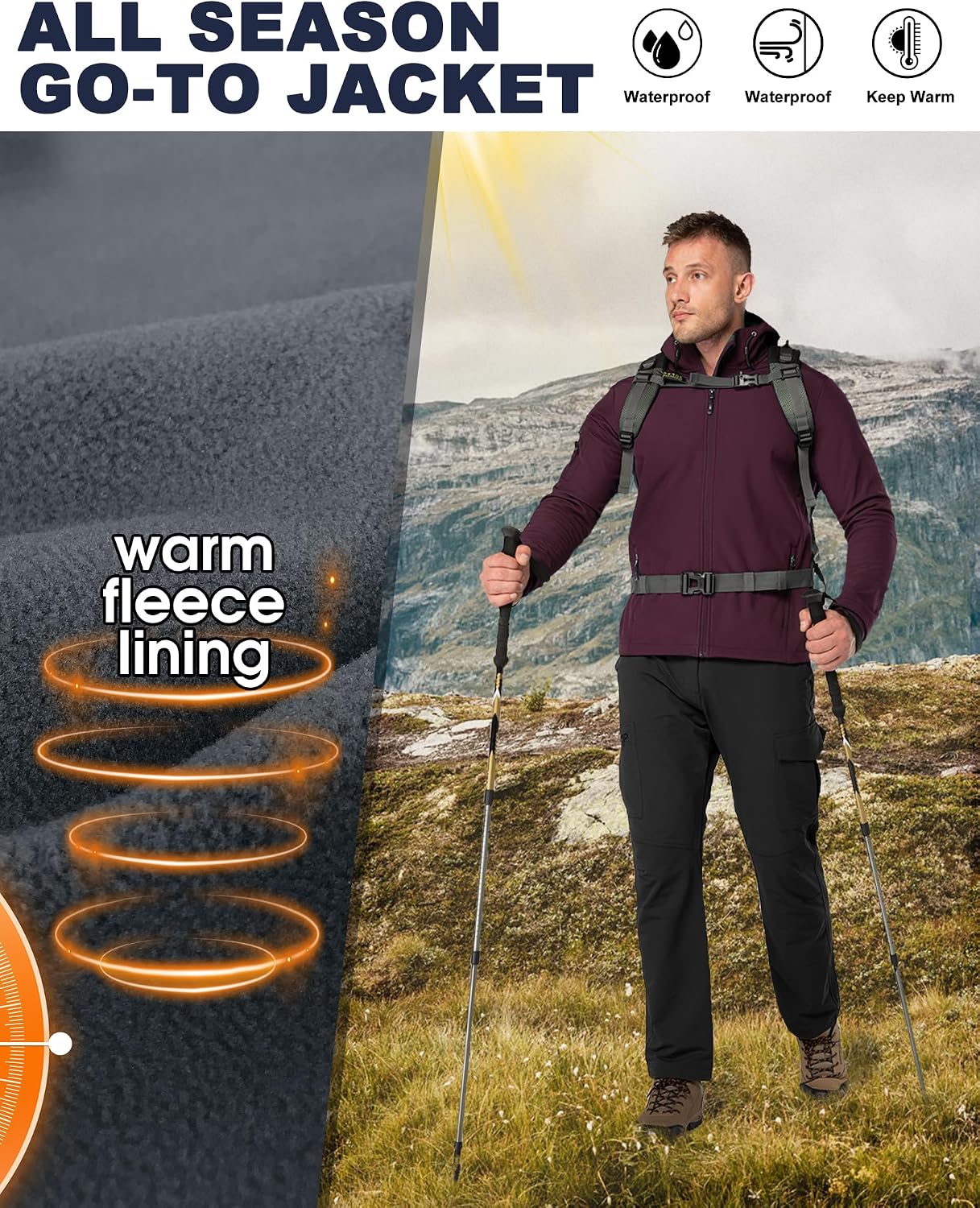 33,000ft Men's Hooded Fleece Lined Rain Shell Jacket Waterproof Lightweight