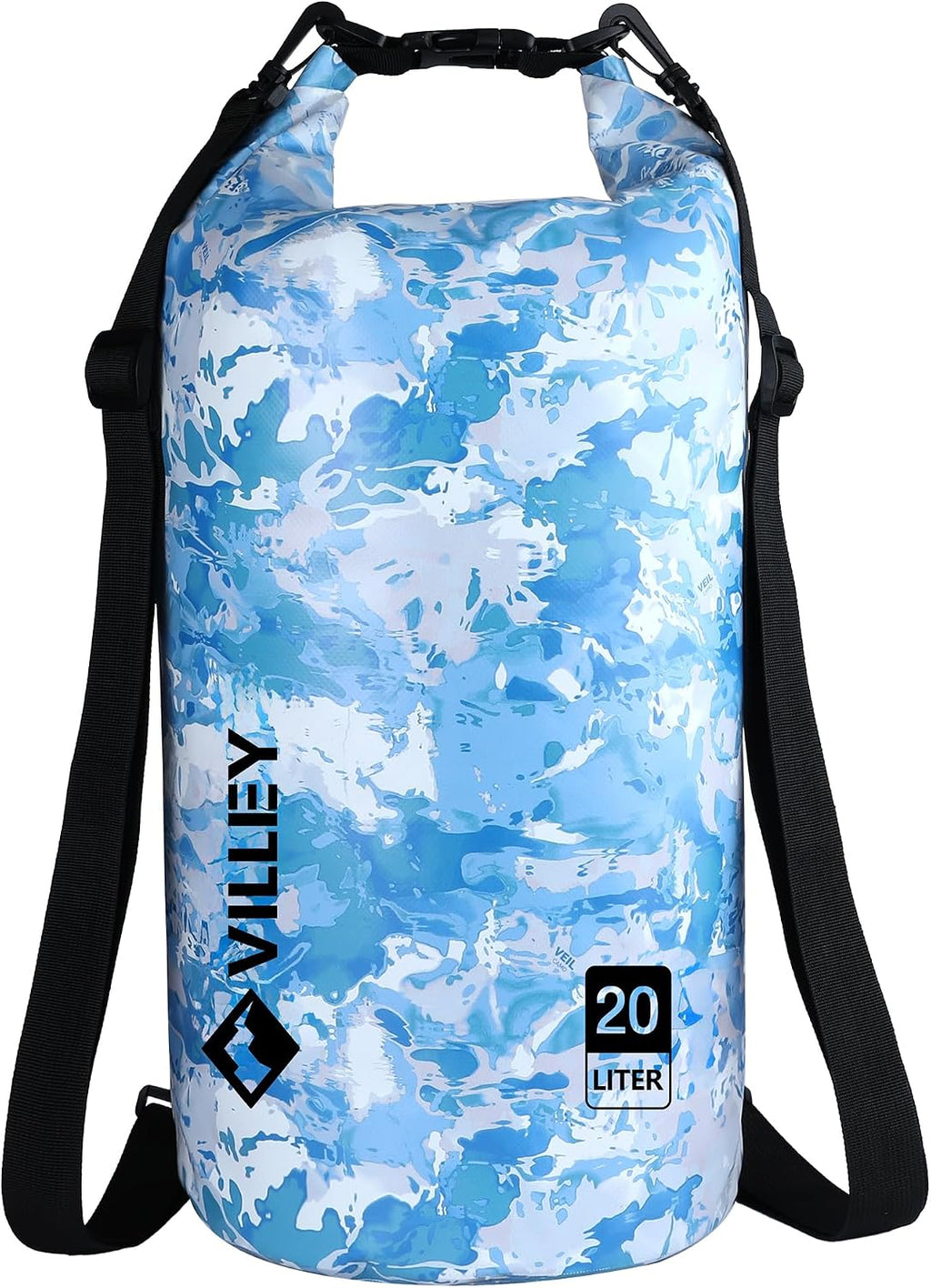 VILLEY Dry Bag Waterproof 20L Roll Top Blue Camo Kayaking Boating Backpack | Keeps Gear Dry, Lightweight Backpack, Kayaking Boating Camping Swimming and Beach Accessories, Blue Camo