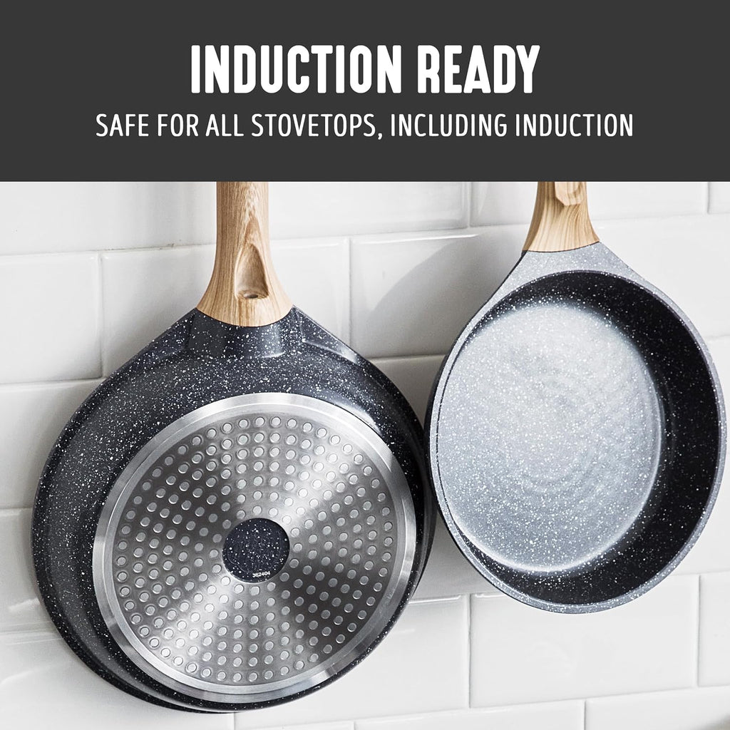 GreenLife Nonstick 2 Piece Frying Pan Set, 9.5" & 11" Skillets Ceramic PFAS-Free Nontoxic, Induction Suitable, Wood Print Handles, Stay-Cool Handles, Deep Cooking Skillets, Egg Pan, Granite Black