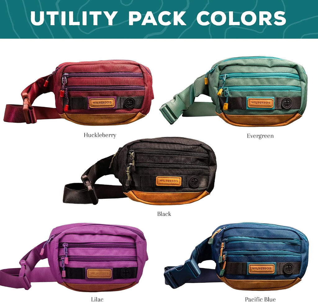 Wilderdog Utility Fanny Pack stores Treats, Balls, Keys in 3 Pockets with adjustable strap and Poop Bag dispenser (Evergreen)