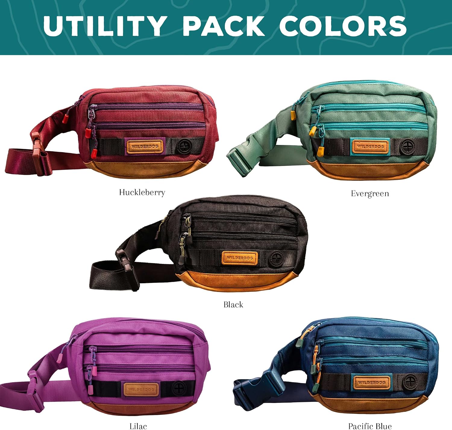 Wilderdog Utility Fanny Pack stores Treats, Balls, Keys in 3 Pockets with adjustable strap and Poop Bag dispenser (Lilac)