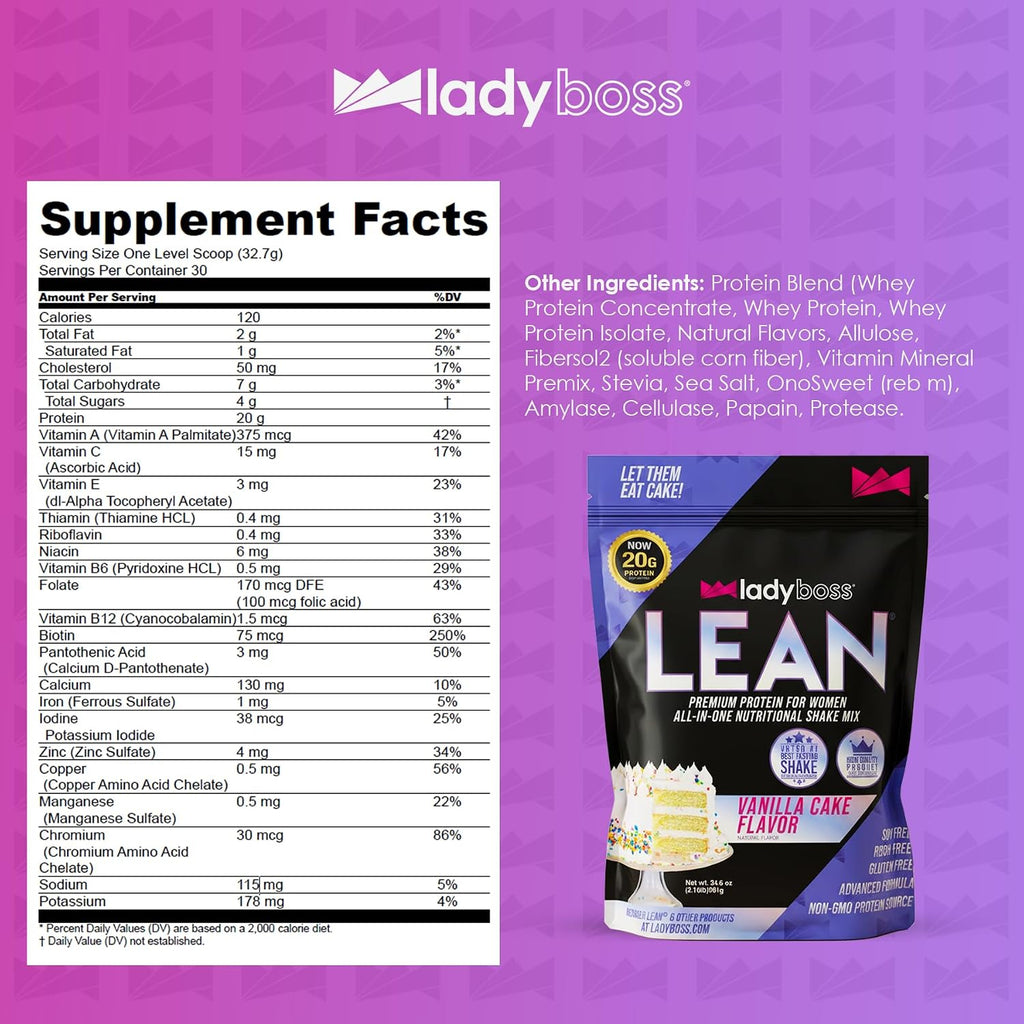 LadyBoss Lean Meal Replacement Protein Shake Vanilla Cake Flavor with 20G Whey Protein, 20 Vitamins & Minerals - Craving Support - 30 Servings