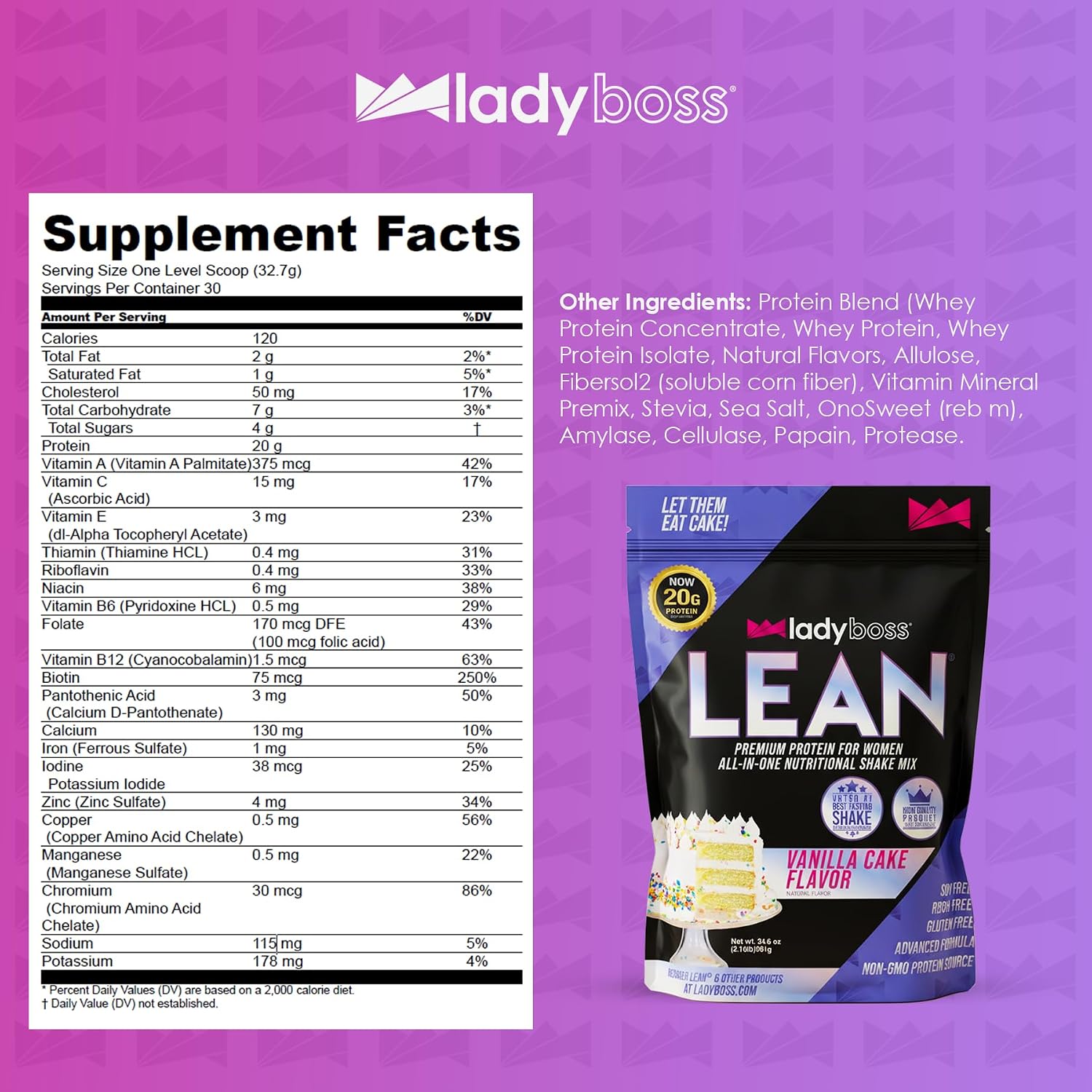 LadyBoss Lean Meal Replacement Protein Shake Vanilla Cake Flavor with 20G Whey Protein, 20 Vitamins & Minerals - Craving Support - 30 Servings