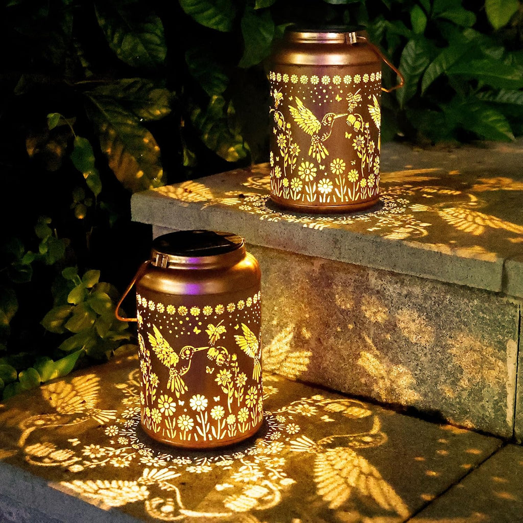 2Pack Hummingbird Solar Lanterns Outdoor Waterproof Lantern Garden Decor Gifts for Women Mom Grandma Hanging Solar Lights Metal Decoration Outside for Yard, Patio,Porch,Tabletop,Pathway