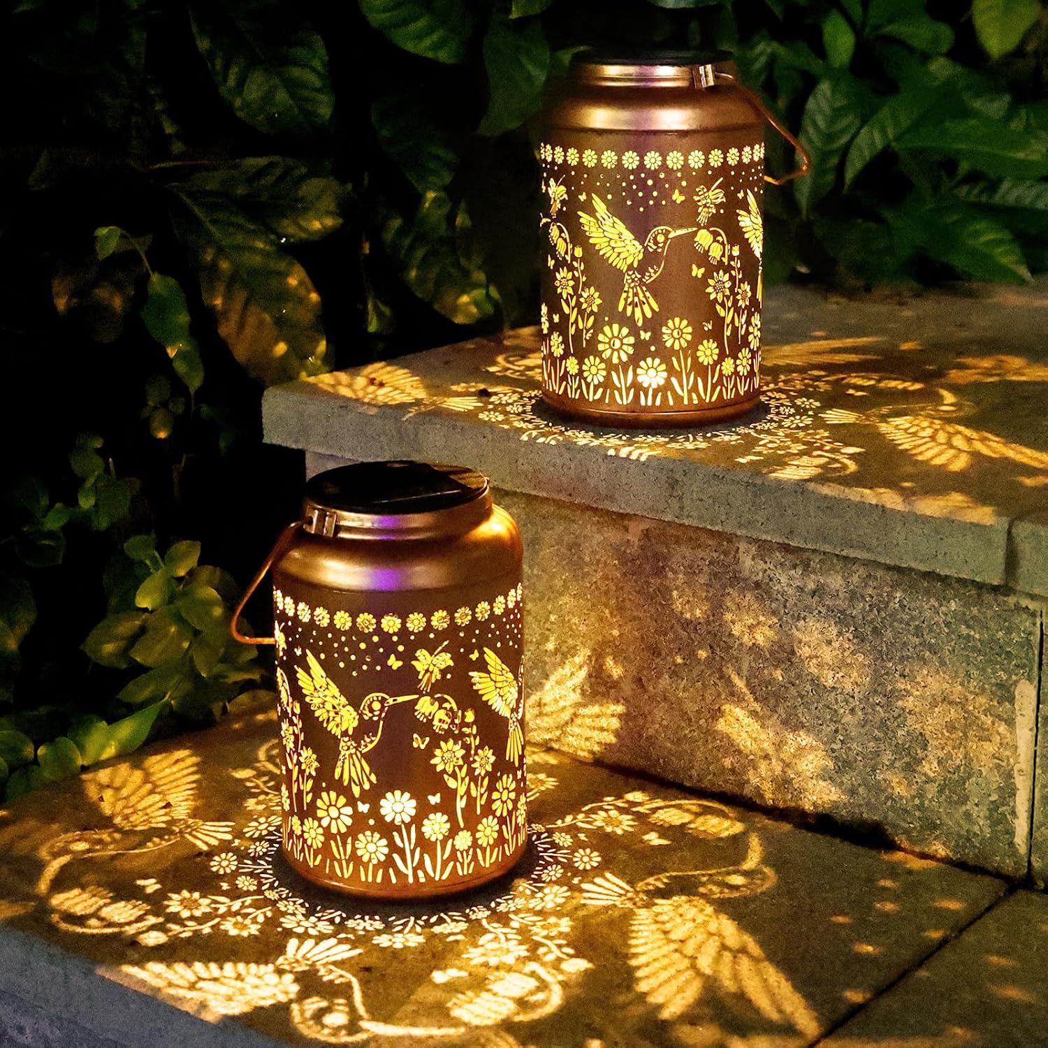2Pack Hummingbird Solar Lanterns Outdoor Waterproof Lantern Garden Decor Gifts for Women Mom Grandma Hanging Solar Lights Metal Decoration Outside for Yard, Patio,Porch,Tabletop,Pathway