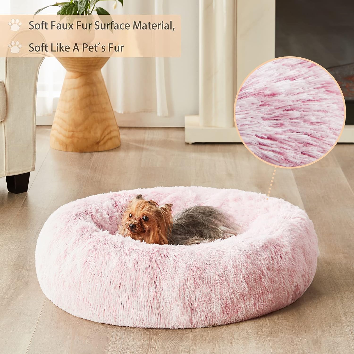 WNPETHOME Small Pink Round Calming Dog Bed Cat Bed for Comfy Sleep