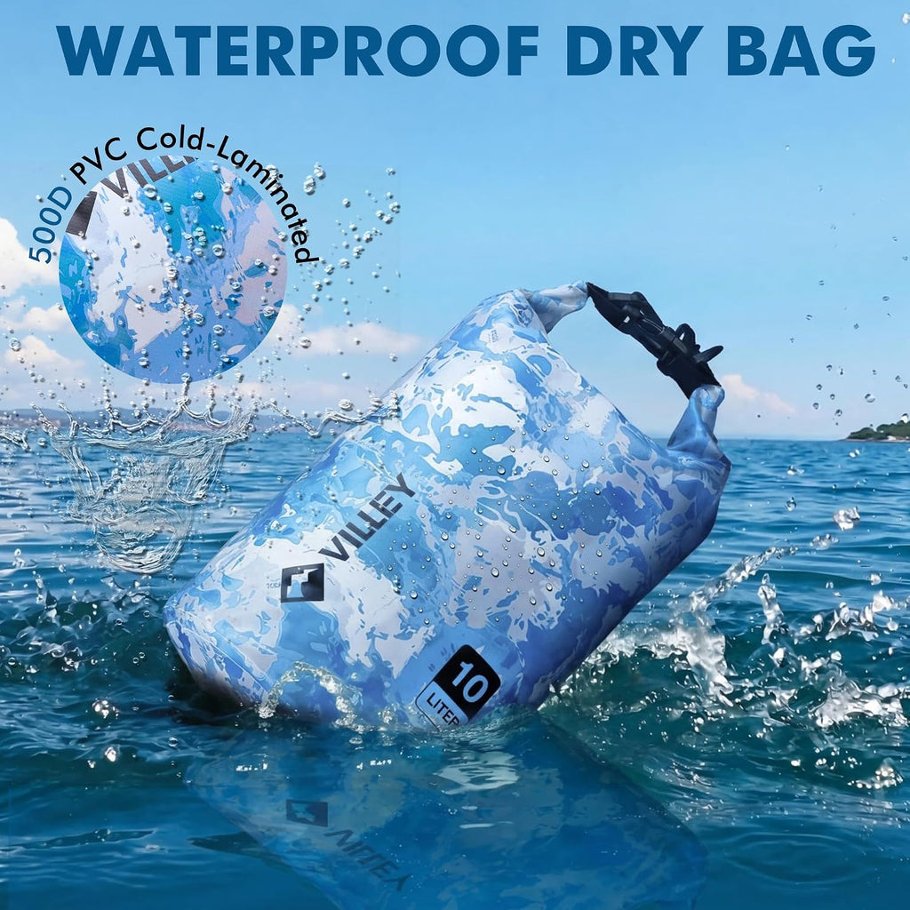 VILLEY Dry Bag Waterproof 20L Roll Top Blue Camo Kayaking Boating Backpack | Keeps Gear Dry, Lightweight Backpack, Kayaking Boating Camping Swimming and Beach Accessories, Blue Camo