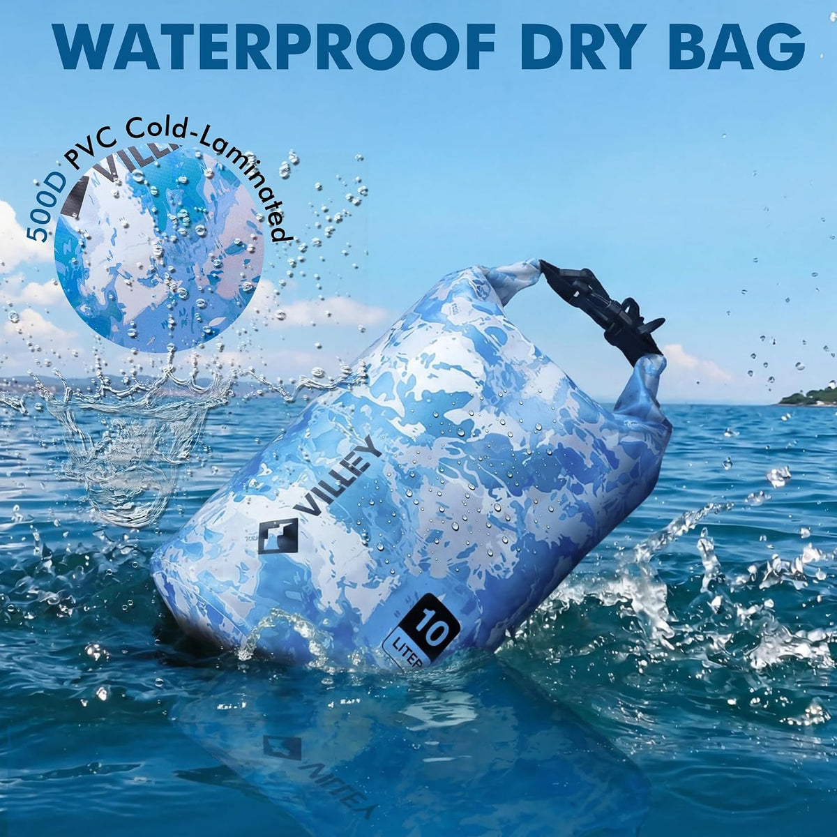 VILLEY Dry Bag Waterproof 20L Roll Top Blue Camo Kayaking Boating Backpack | Keeps Gear Dry, Lightweight Backpack, Kayaking Boating Camping Swimming and Beach Accessories, Blue Camo