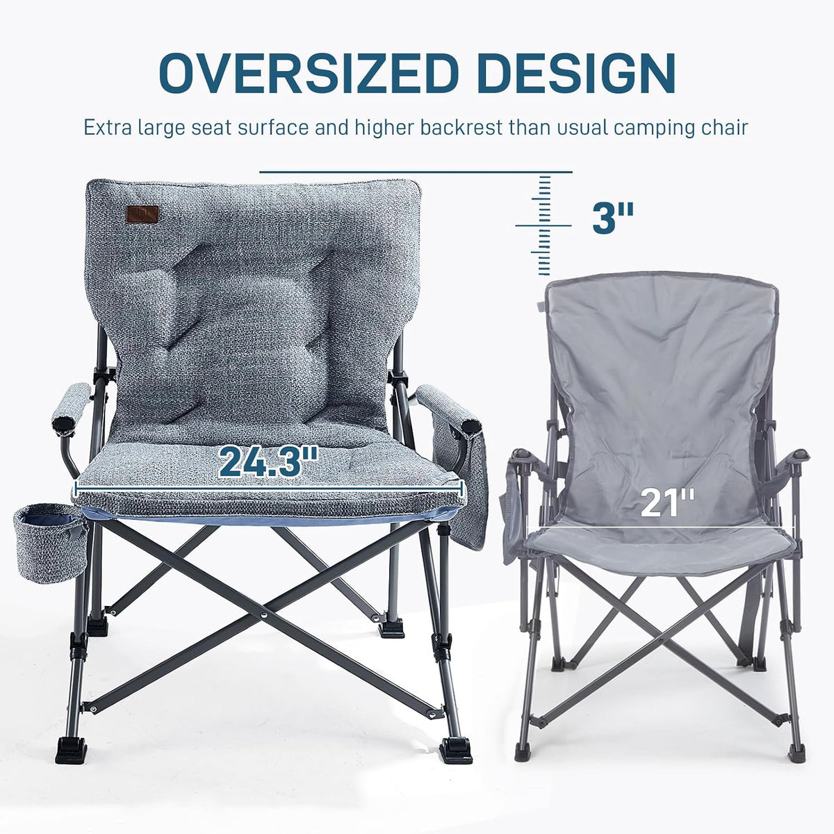 EVER ADVANCED Padded Oversized Folding Camping Chair for Adults, Heavy Duty Lawn Chair with Side Pockets, Portable Collapsible Quad Chair for Outside, Support Up to 500lbs, Light Blue