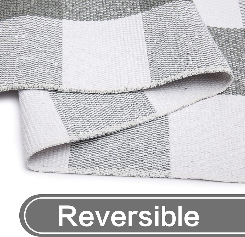MUBIN Cotton Buffalo Plaid Rug, 3' x 5' Gray White Outdoor Rug Front Door Decorative Mat, Washable Doormat Hand-Woven Foldable Area Rug Layered Door Mats Rug for Front Porch, Entryway, Patio