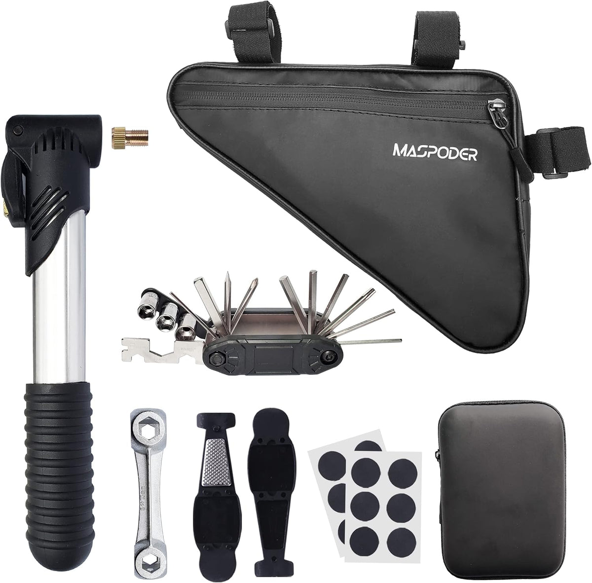 Bike Tool Kit, Repair Kit with Frame Bag, Mini Pump, Multitool, Tire Lever Patches Bicycle Accessories Set for Adult Bikes Road Mountain MTB