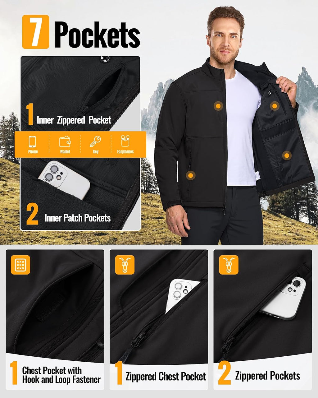 33,000ft Men's Lightweight Softshell Jacket Fleece Waterproof Windbreaker