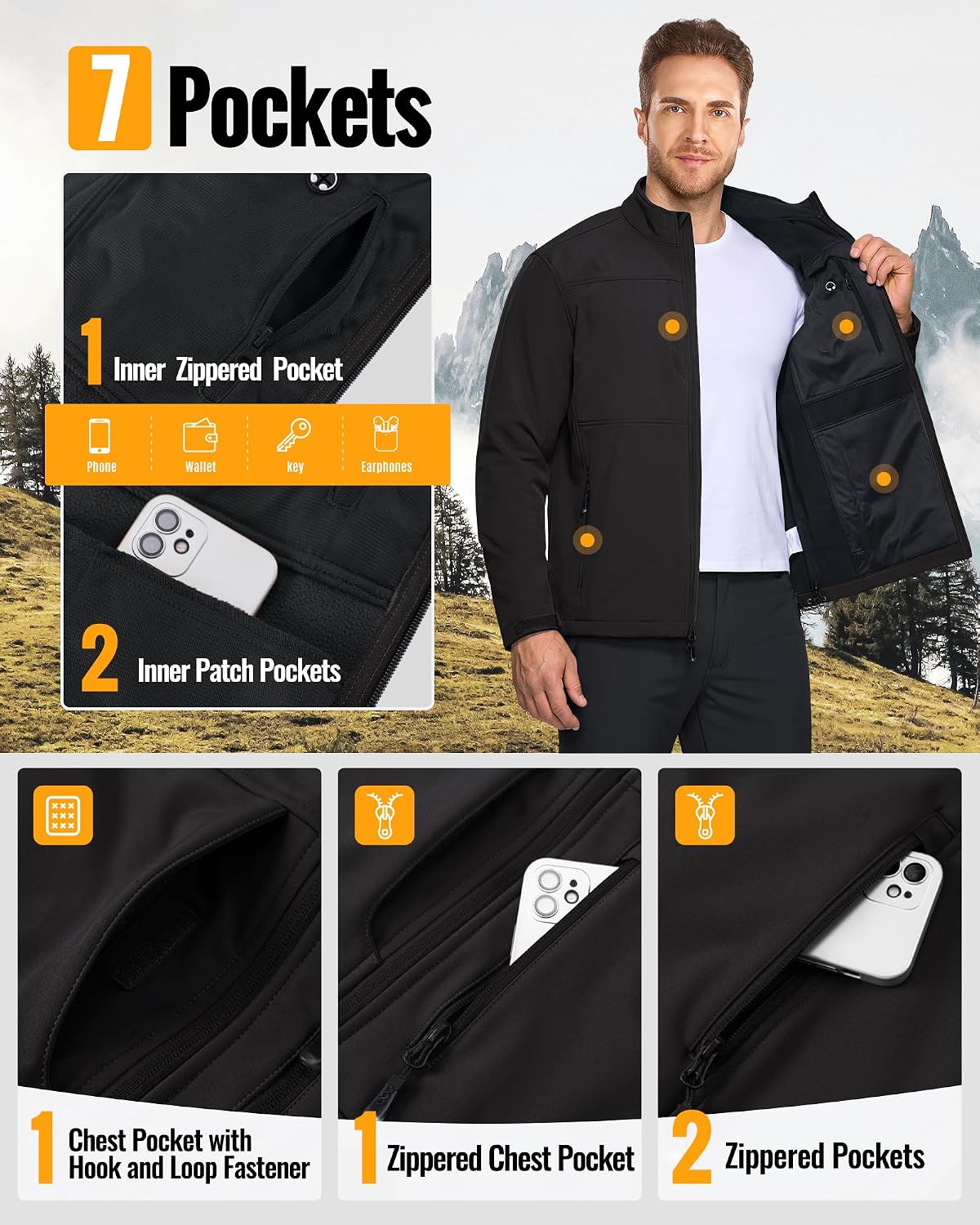 33,000ft Men's Lightweight Softshell Jacket Fleece Waterproof Windbreaker
