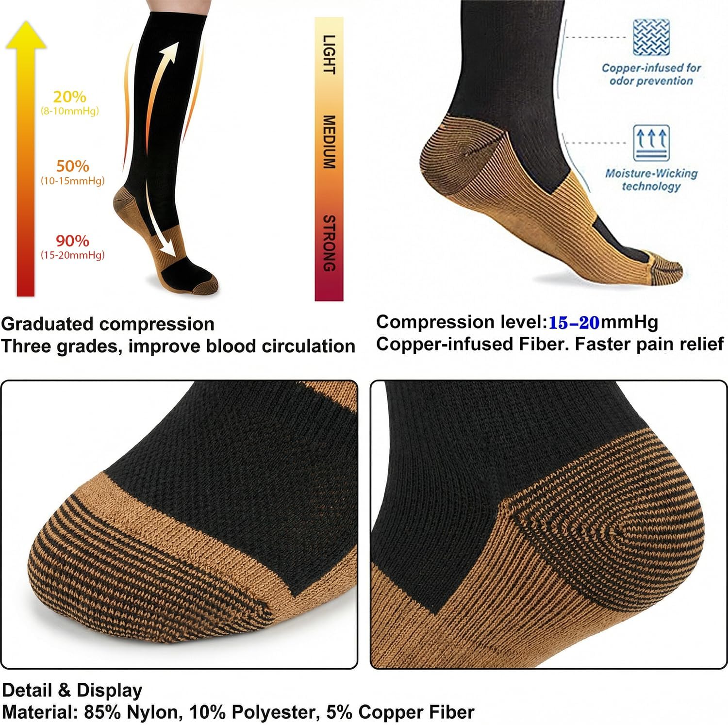 Sooverki Copper Compression Socks for Men & Women 8 Pack 15-20mmHg - Knee High Stockings Best Support for Running Athletic