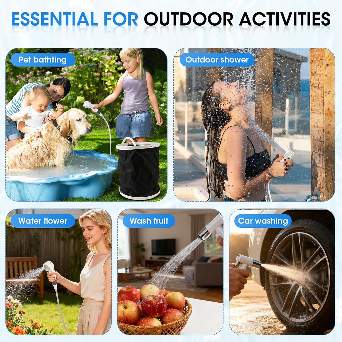 Portable Camping Shower, Outdoor Shower Kit, Hose& Folding Bucket, Rechargeable Powered Portable Shower for Camping, Hiking, Beach,RV,Pet Cleaning & Road Trips