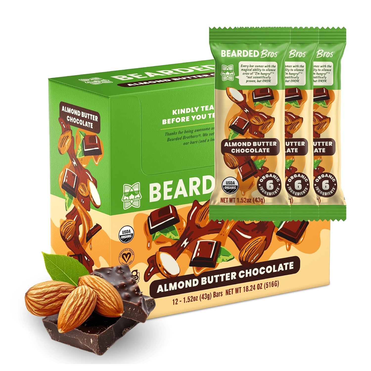 Bearded Brothers Organic Vegan Energy Bars Almond Butter Chocolate 12 Count