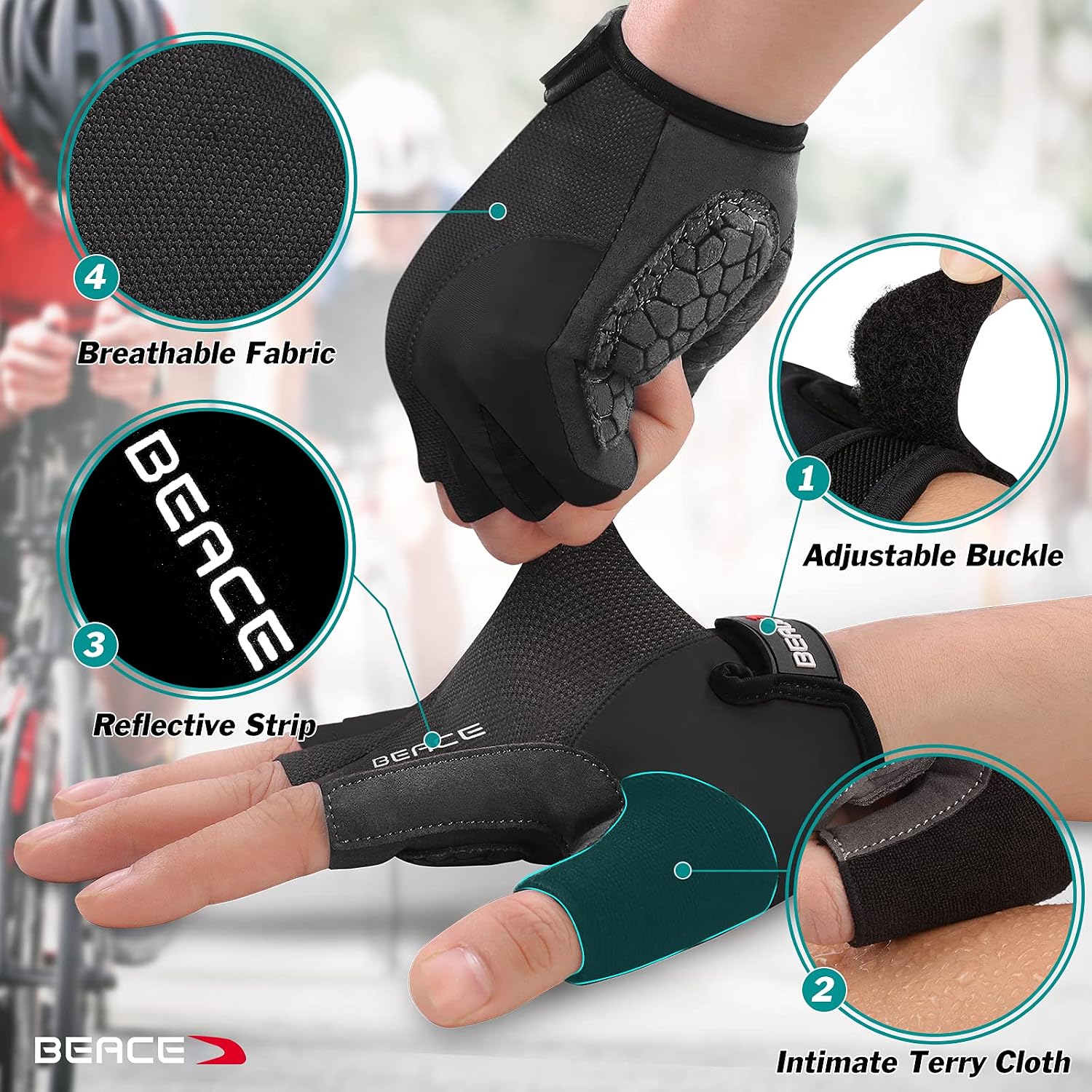 BEACE Gloves for Cycling Bike Biking Half Finger Road Bicycle for Men and Women-5MM Breathable Anti-Slip Shock-Absorbing Pad Gym Motorcycle Light Weight Mountain Bike Gloves