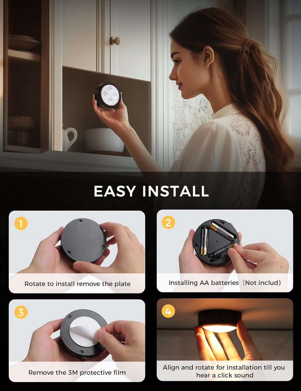 Push Lights with Remote 6-Piece Battery-Powered LED Hockey Puck Lights, Wireless Under-Cabinet & Baseboard Illumination, Dimmable & Color-Changing (2 Pack Black, Color)