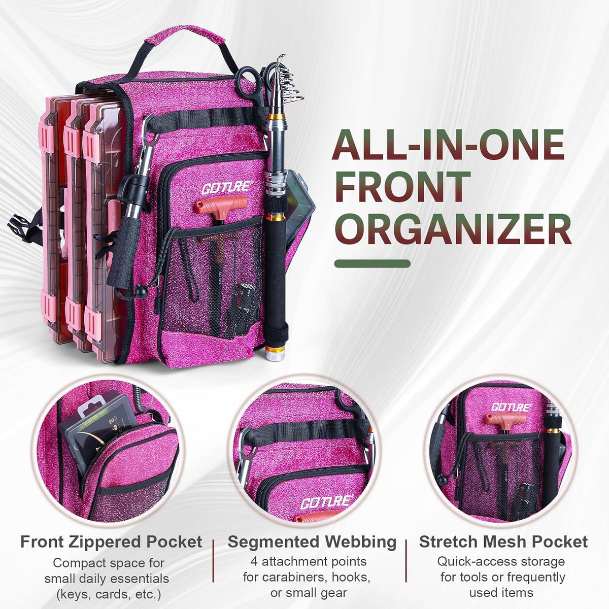 Goture OpenSide Tactical Sling Tackle Bag with 3 Tackle Trays, Lightweight Fishing Backpack Storge Fishing Gear -Shimmering Pink Bag Outdoor,Gift for women