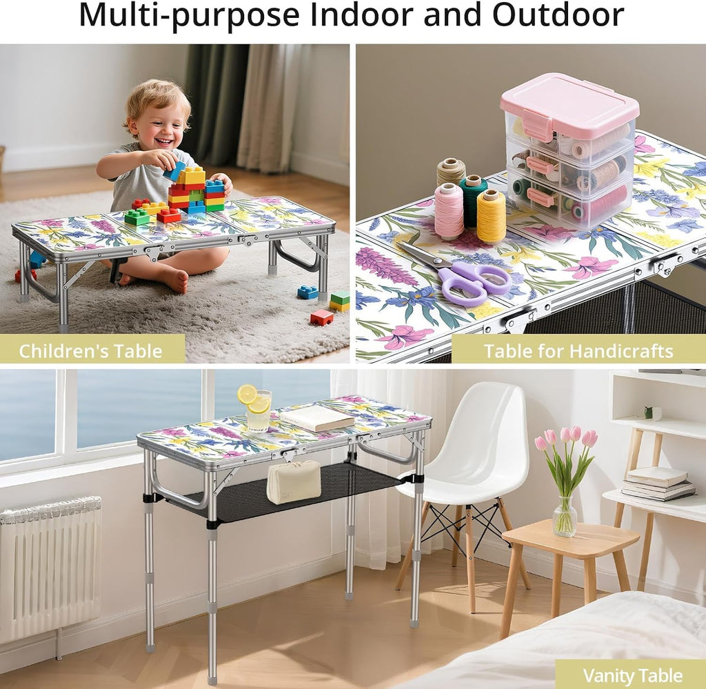 Anbte 3ft Folding Camping Table, 3 Adjustable Height Max 27.5",Floral Bloom