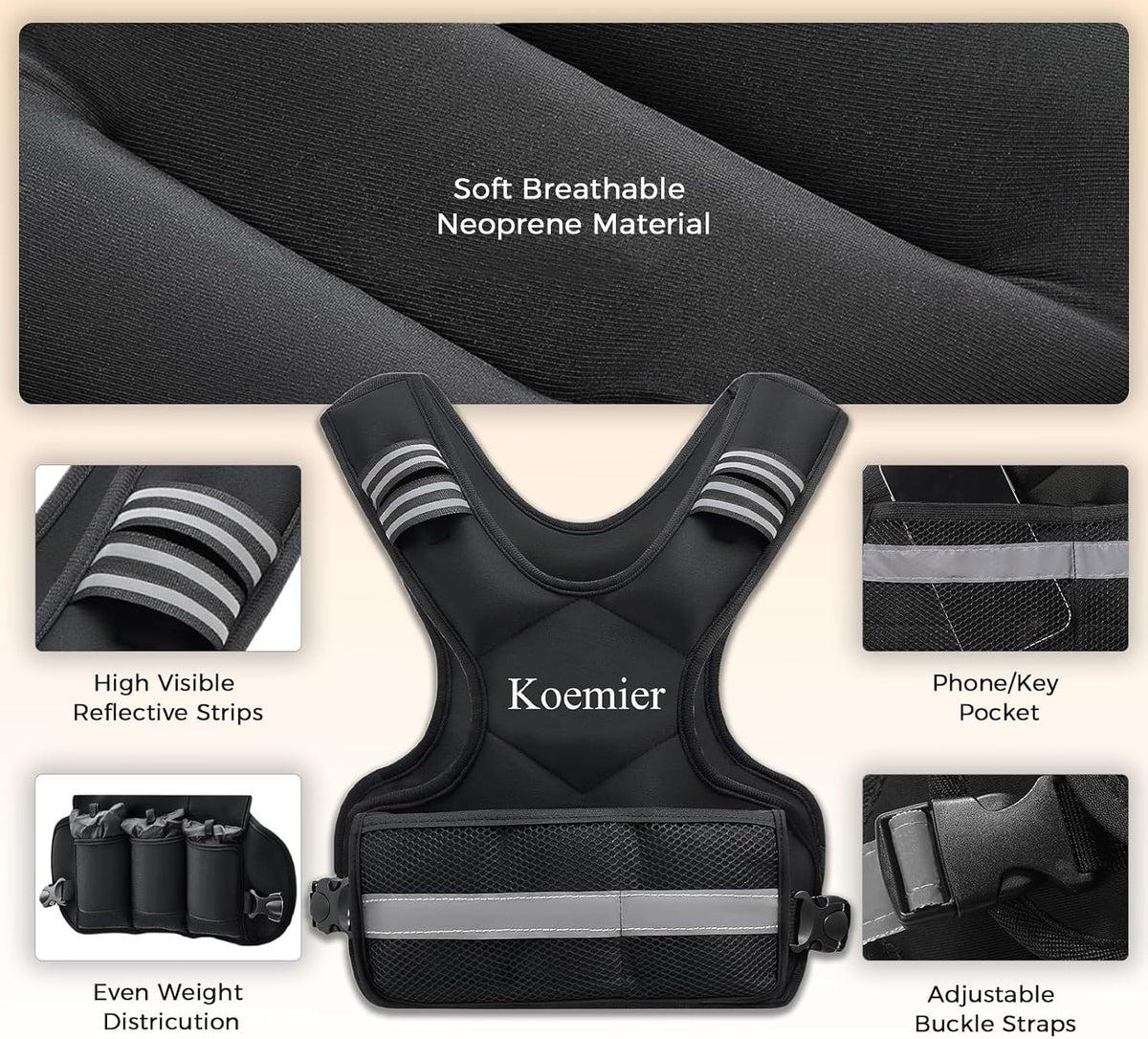 Adjustable Weighted Vest for Men and Women,4-10lb/11-20lb Vest with 6 Ironsand Weights,with Reflective Stripe,for Strength Training, Running, Fitness, Walking