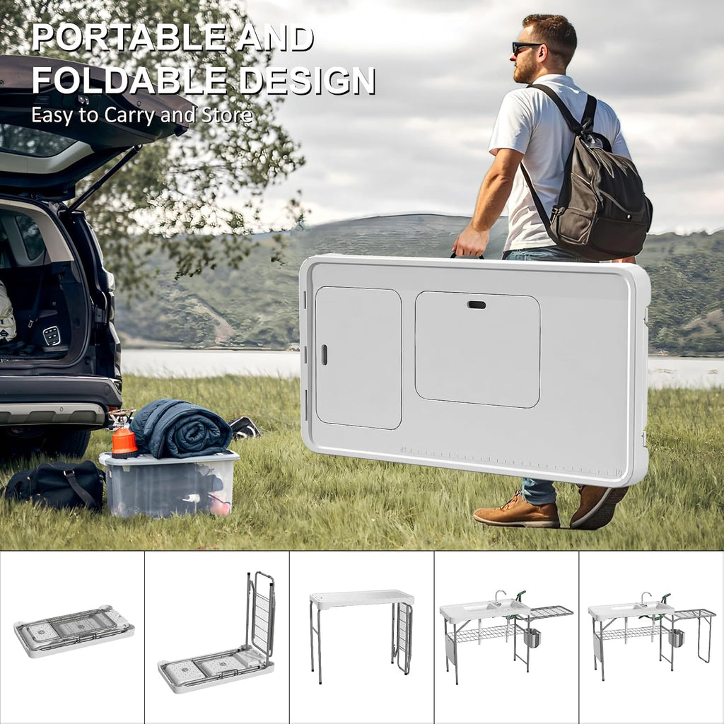 42.5" Fish Cleaning Table with Dual Sink for Camping, Picnic, White