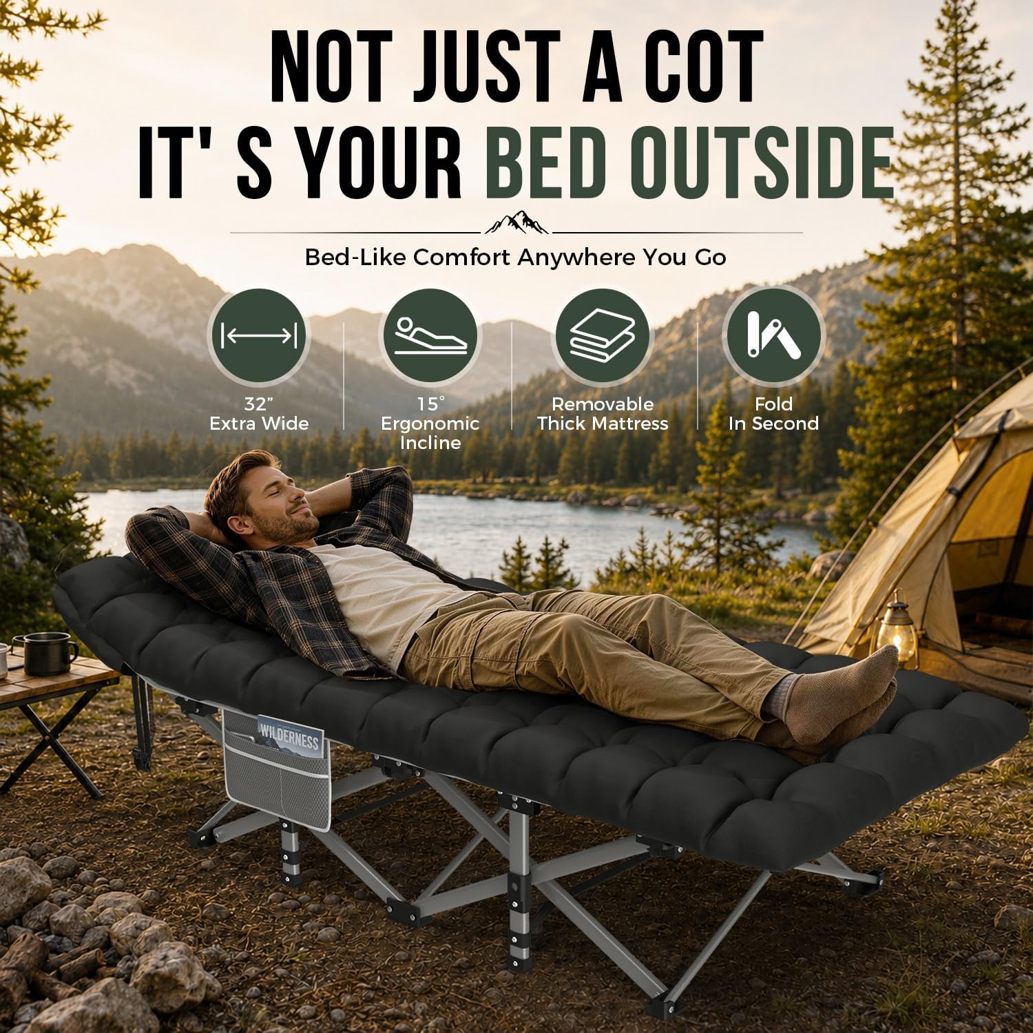 ZENPETIO XXL Folding Camping Cot for Adults, 32" Heavy-Duty Extra Wide Cots