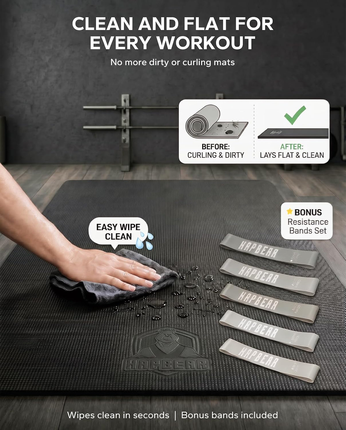 HAPBEAR Large Exercise Mat-6'x4'/7'x5'/6'x8'/6'x9'/6'x10'/6'x12'x 1/3"(8mm)