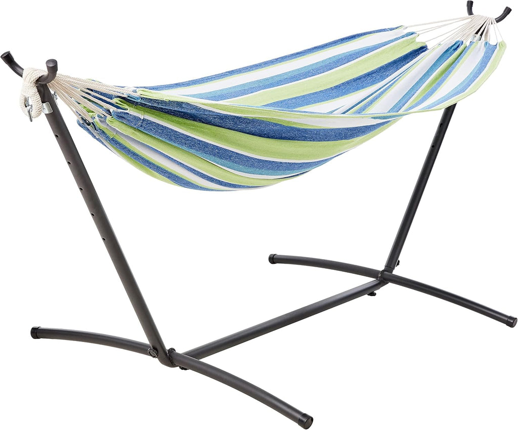 Amazon Basics Double Hammock with 9-Foot Space Saving Steel Stand and Carrying Case, 2 Person, 450 lb Capacity, Beige Stripe with Lace, 110" x 47" x 43"