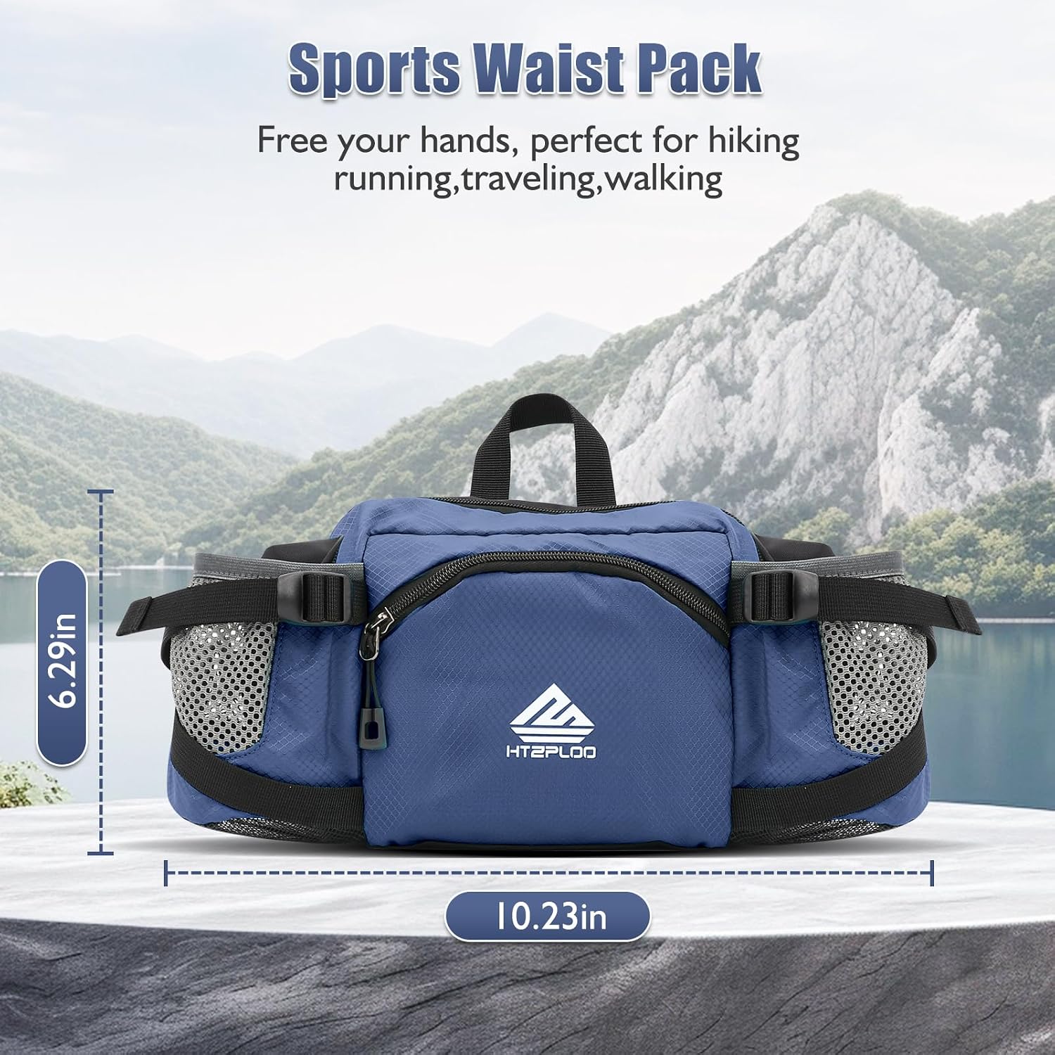 Fanny Pack Waist Bag with Water Bottle Holder for Men Women Running Hiking Travel Dog Walking Workout Cycling Outdoor (Dark Blue)