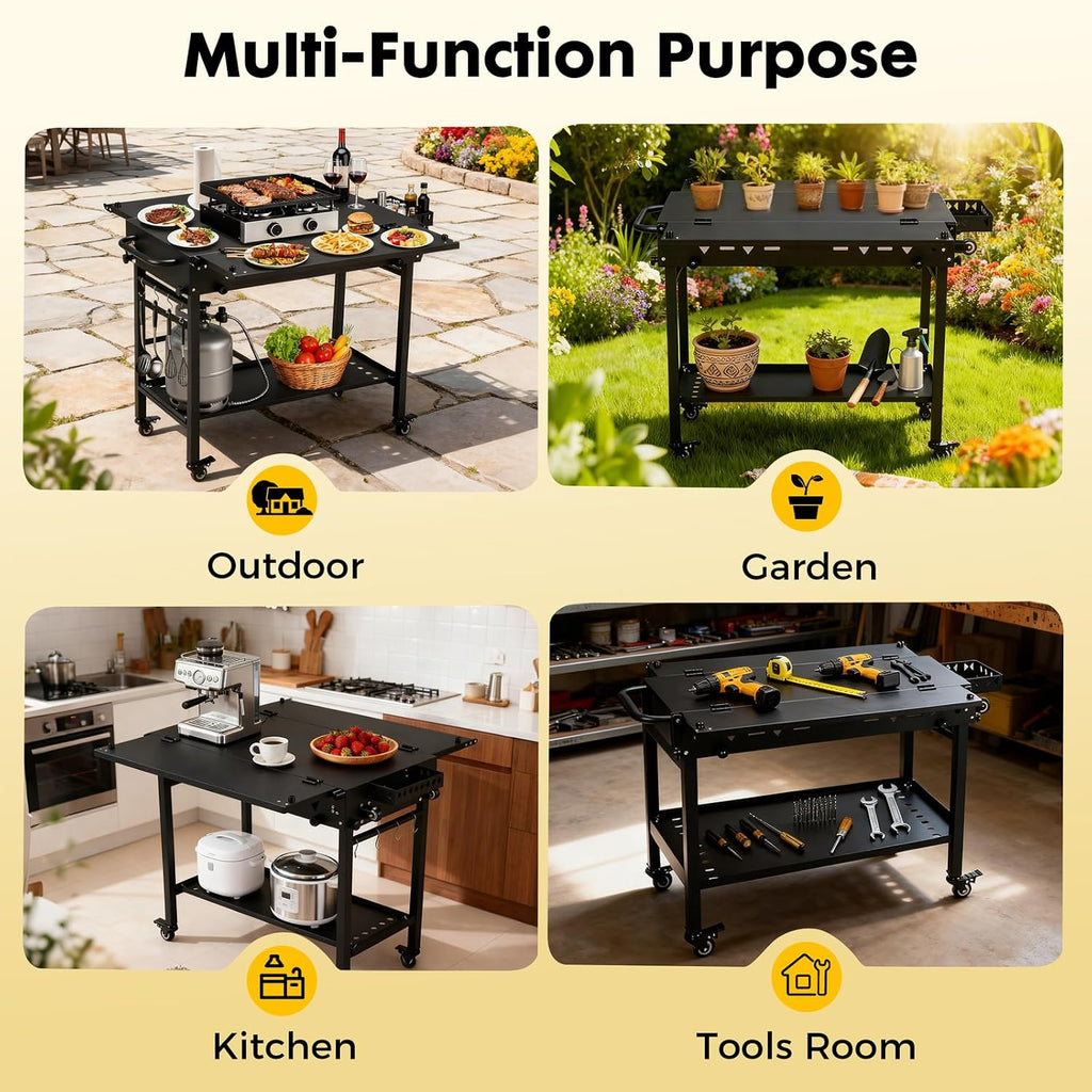 Outdoor Grill Cart Table Griddle Stand, Folding Grill Table with Wheels