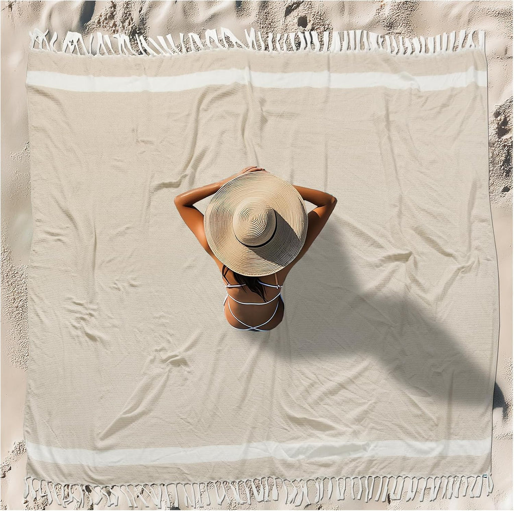 Vikumond Turkish Beach Towel Blanket Oversized 88x82 Inch Quick Dry Beige