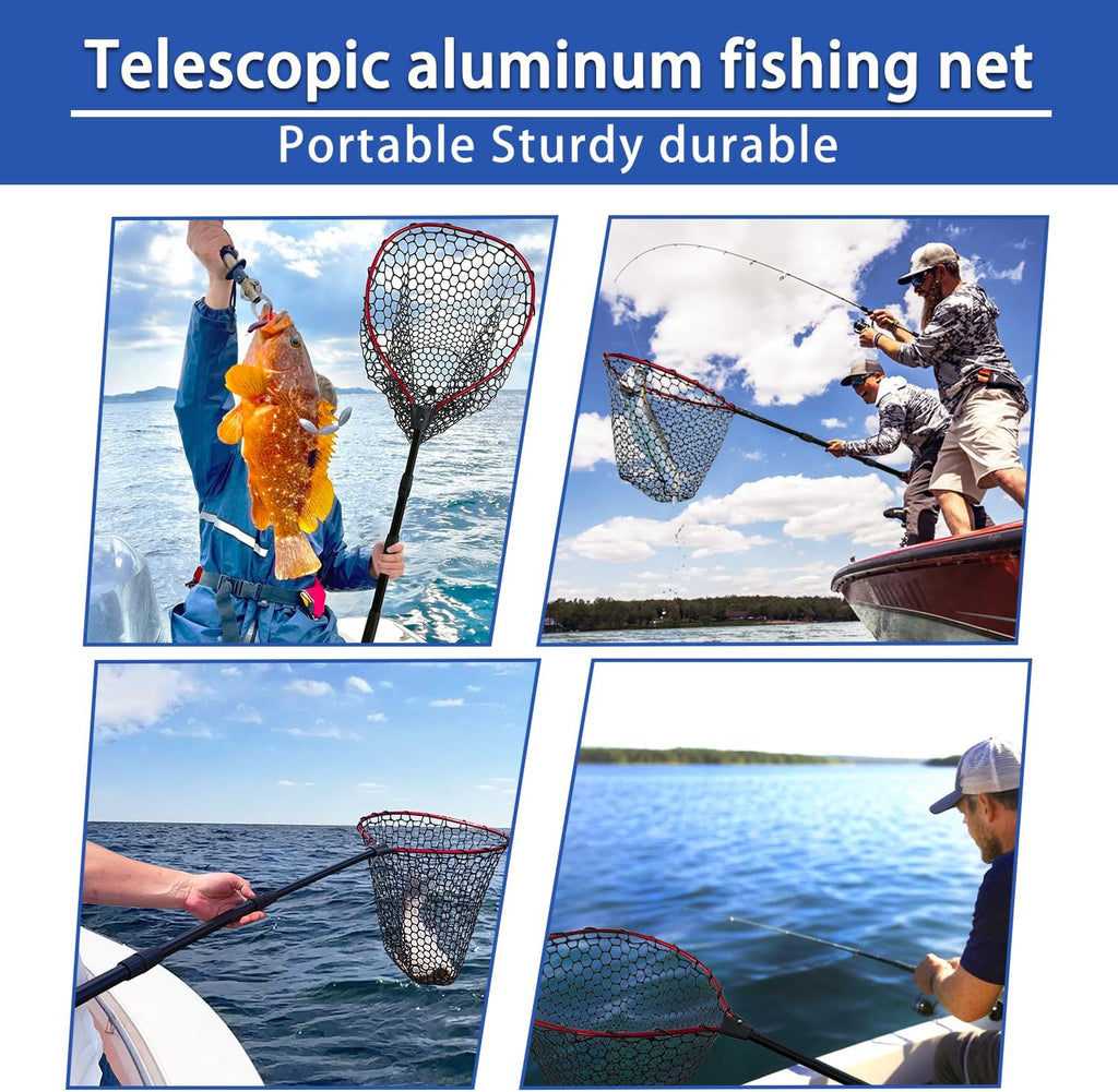 Telescoping Metal Lock Fishing Net with Handle Red Green 64" 52" Rubber Fish Net - Adjustable Length Lightweight Foldable Large Big Collapsible Extendable Fishing Net