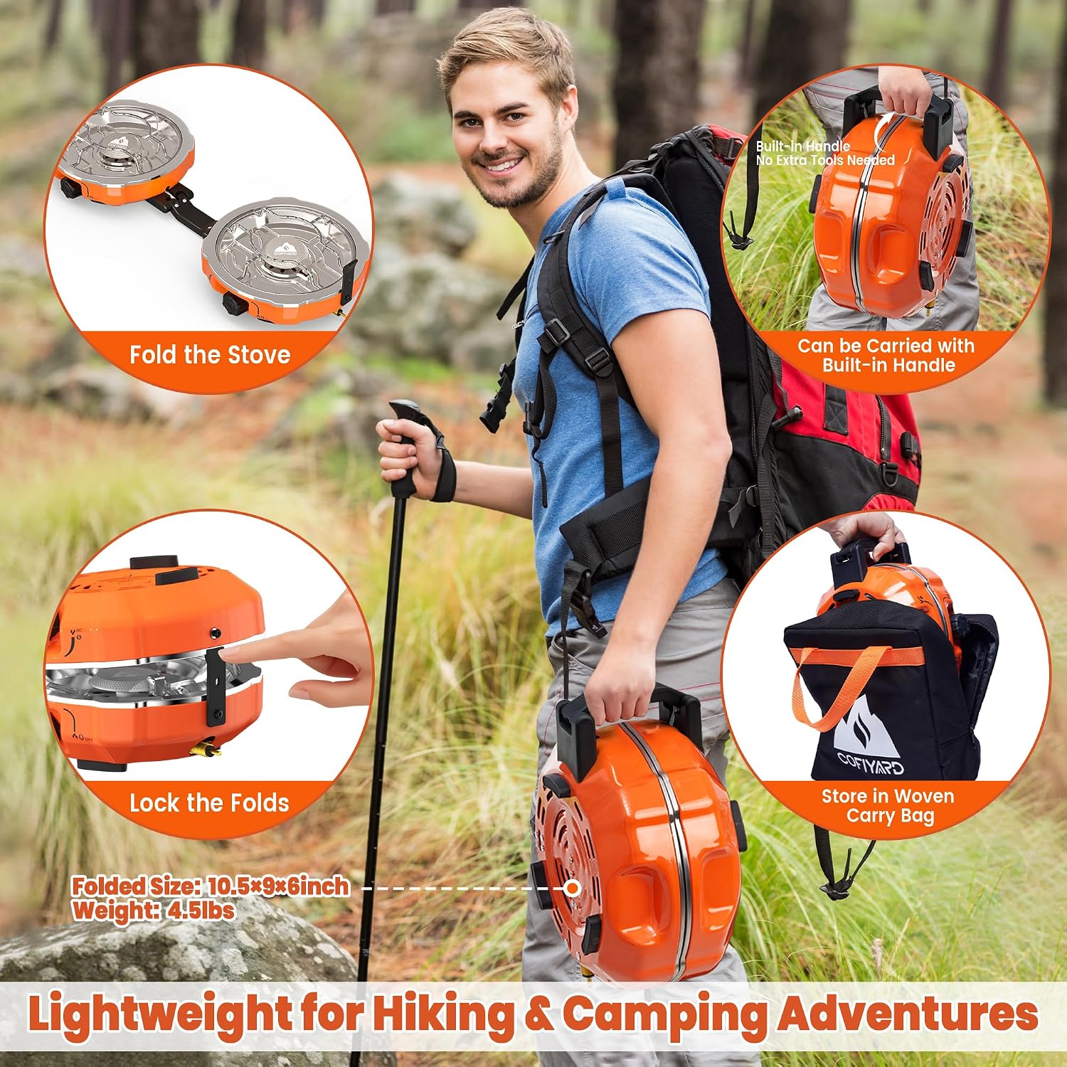 Cofiyard 20,000 BTUs 2 Burner Propane Camping Stove, Portable Folding Camp Stove with Adjustable Burners, Regulator and Carrying Bag, Dual Gas Stoves Easy Carrying Handle for Tailgating, Camping, BBQ