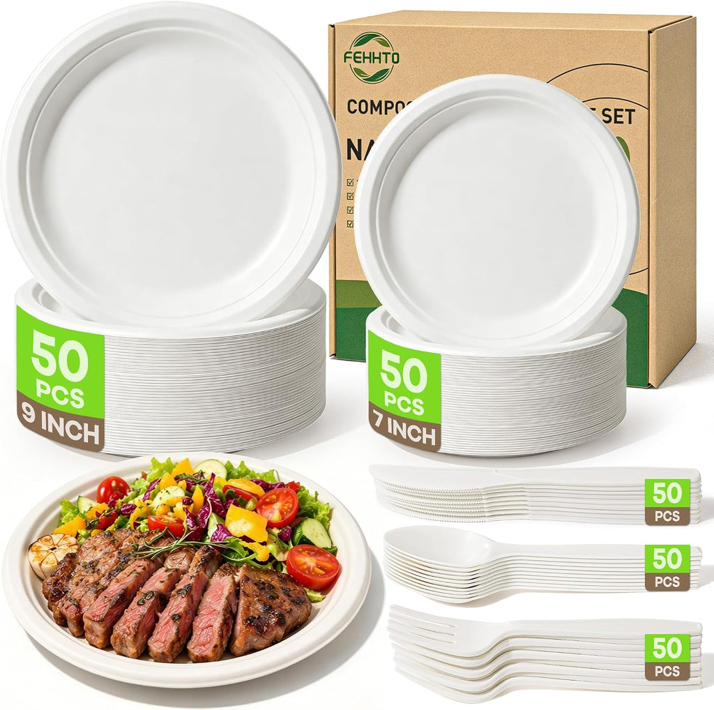 250PCS Disposable Paper Plates Set and Utensils, 9 and 7inch Plates