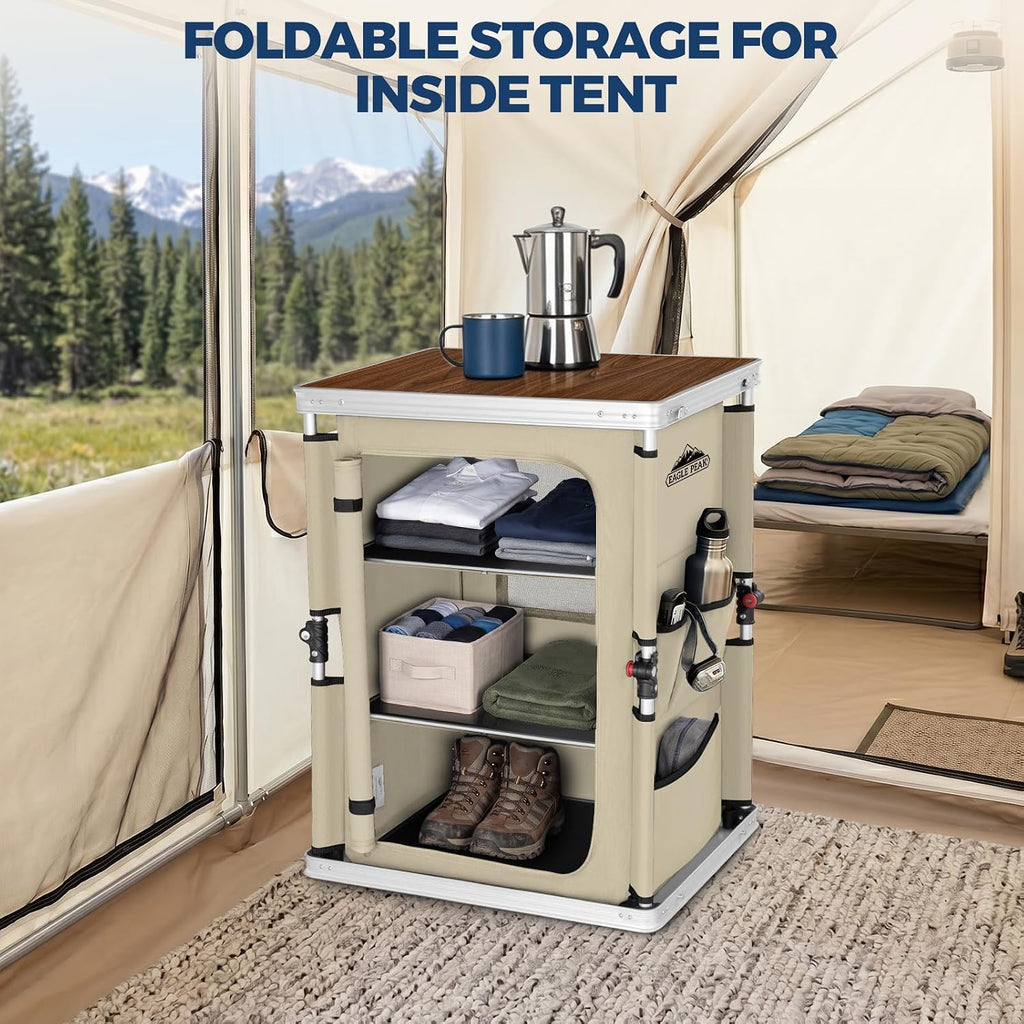 EAGLE PEAK Outdoor Folding Camping Table with Large 3-Tier Storage Organizer and Side Pockets, Easy Set Up Portable Aluminum Camping Kitchen, Beige