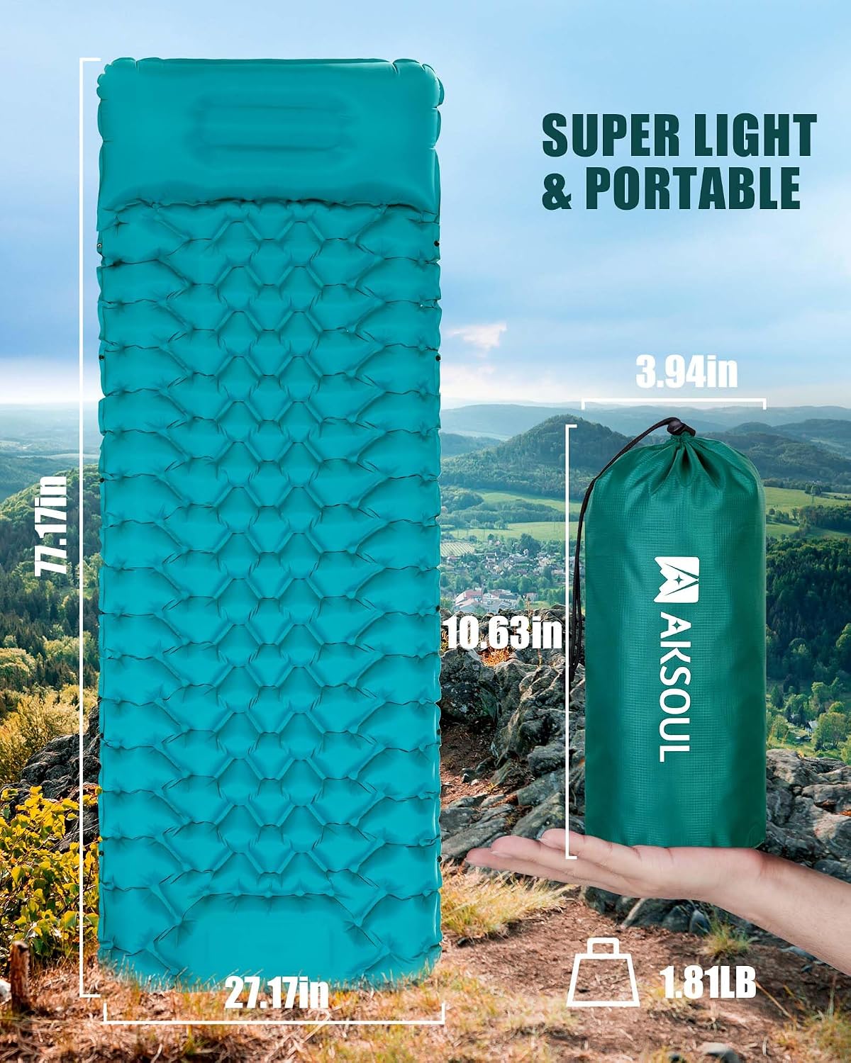 AKSOUL Camping Sleeping Pad with Pillow: Extra Thick 3.9 inch Ultralight Self Inflating Air Mat, Compact Lightweight Insulated Inflatable Sleep Mattress for Backpacking, Camp, Hiking, Tent