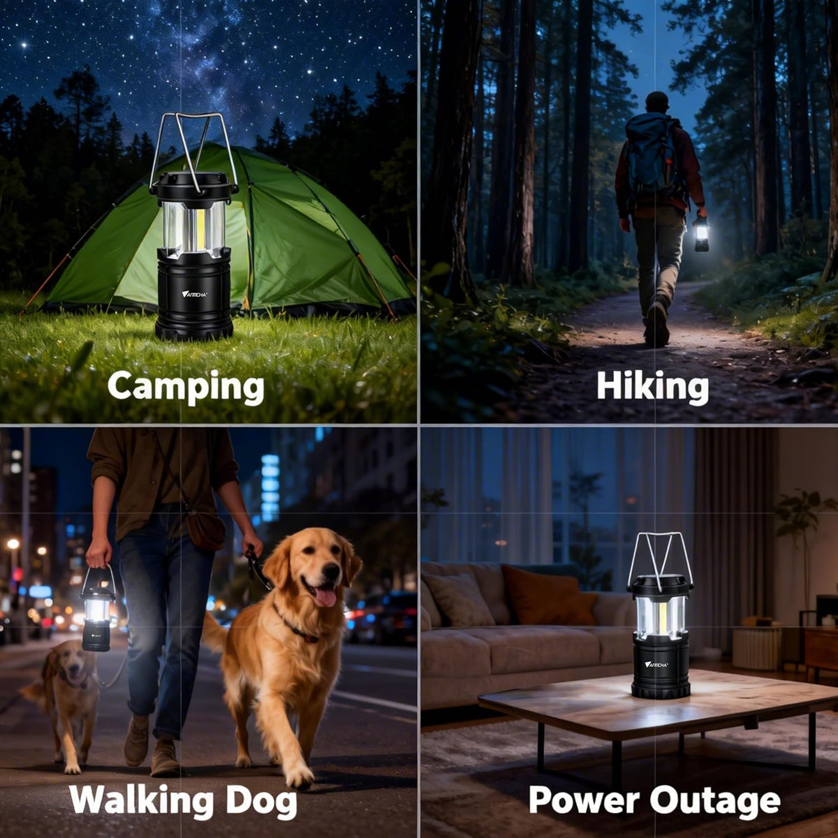 Collapsible LED Camping Lantern, COB Technology, Portable with Handle, Pack of 4, Gray