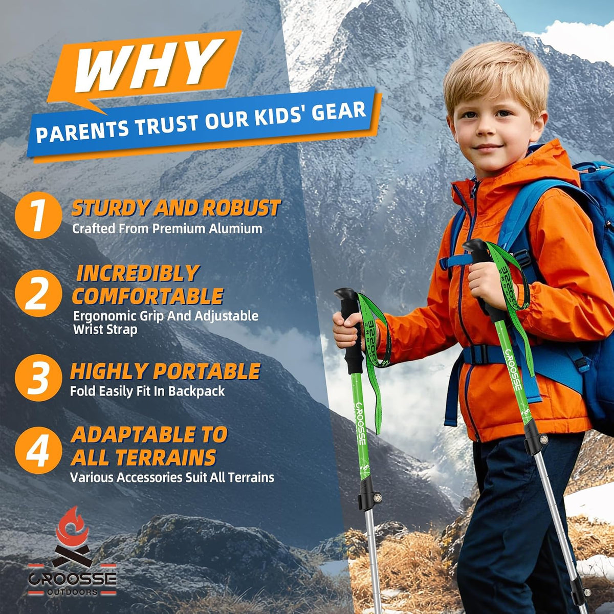 Kids Hiking Poles, Kids Walking Stick, Lightweight Aluminum Adjustable