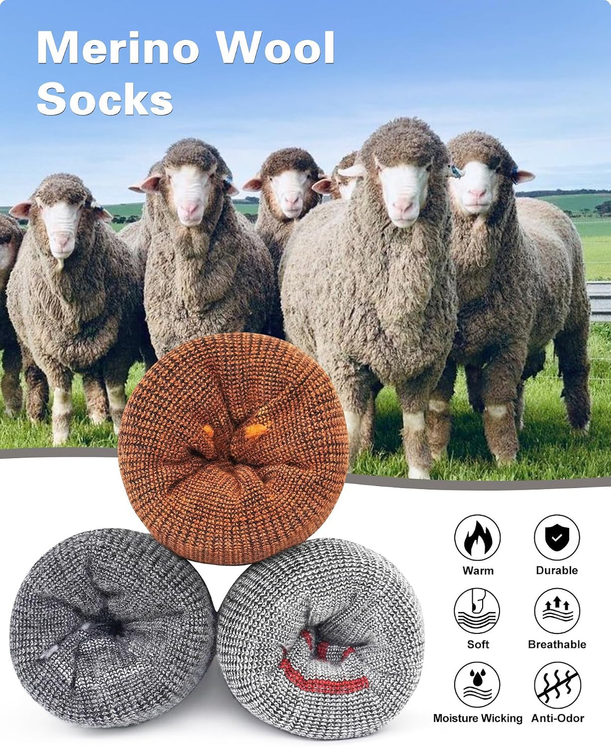 SIXDAYSOX Merino Wool Socks Mens, Crew Cushioned Hiking Socks Men Size 8-16
