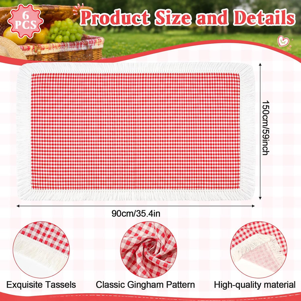 Frienda 6 Pcs Large Red Gingham Outdoor Picnic Blanket Boho 59 x 36 Inch