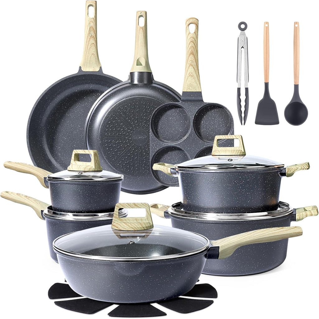 GiPP Ceramic Pots and Pans Set Non Stick - 22Pcs Nonstick Cookware Set, Non-Toxic Healthy Kitchen Cooking Set w/Frying Pans Set, Dishwasher Safe, PFAS PTFE PFOA PFOS Free, Dark Gray