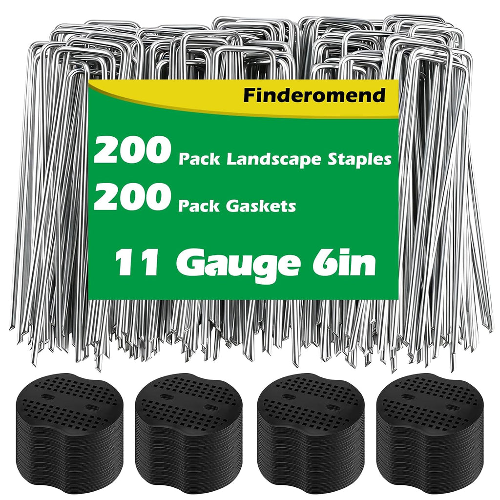 200 Pack Landscape Staples and 200 Pack Gaskets, 11 Gauge 6in Galvanized Steel Garden Staples with Black Pad for Landscape Fabric Supplies for Weed Barrier Fabric